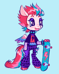 Size: 1280x1590 | Tagged: safe, artist:webkinzworldz, zipp storm, pegasus, semi-anthro, g5, my little pony: a new generation, spoiler:my little pony: a new generation, blue background, clothes, collar, color palette, fishnet stockings, punk, simple background, skateboard, solo, spiked collar, spiked wristband, wingding eyes, wristband