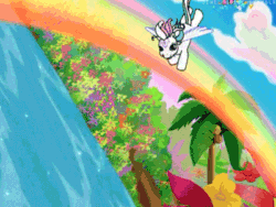 Size: 400x300 | Tagged: safe, screencap, skywishes, star catcher, earth pony, pegasus, pony, friends are never far away, g3, animated, flying, gif, rainbow, waterfall
