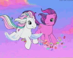 Size: 459x367 | Tagged: safe, screencap, skywishes, star catcher, butterfly, earth pony, pegasus, pony, dancing in the clouds, g3, animated, cloud, duo, flying, gif, looking at each other, talking