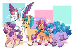 Size: 1280x871 | Tagged: dead source, safe, artist:wizardstove, hitch trailblazer, izzy moonbow, pipp petals, sunny starscout, zipp storm, earth pony, pegasus, pony, unicorn, g5, my little pony: a new generation, abstract background, adorapipp, adorazipp, cute, female, group, heart, male, mane five, mare, royal sisters (g5), siblings, sisters, stallion