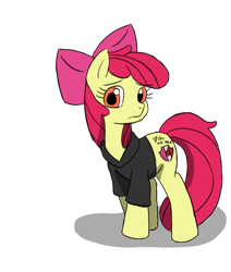 Size: 823x971 | Tagged: safe, artist:otakuponi, apple bloom, earth pony, pony, g4, body writing, clothes, implied shipping, implied spike, implied spikebloom, implied straight, shirt, simple background, solo, t-shirt, transparent background
