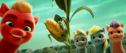 Size: 1919x804 | Tagged: safe, screencap, laraha blossom, sprout cloverleaf, earth pony, pony, g5, my little pony: a new generation, spoiler:my little pony: a new generation, 3d, corn, danger danger, food, male, stallion, unnamed character, unnamed pony