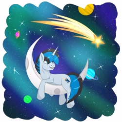 Size: 3000x3000 | Tagged: safe, artist:ashestoashkar, oc, oc only, oc:solar gizmo, pony, unicorn, crescent moon, high res, horn, male, moon, planet, shooting star, solo, space, stallion, tail, two toned mane, two toned tail, unicorn oc