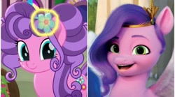 Size: 1496x832 | Tagged: safe, edit, edited screencap, screencap, petunia petals, pipp petals, pony, g4, g5, my little pony: a new generation, my little pony: friendship is magic, my little pony: rainbow roadtrip, cropped, female, mare, pink coat, purple mane