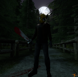 Size: 2206x2160 | Tagged: safe, artist:rainsstudio, earth pony, anthro, plantigrade anthro, 3d, blood, blood stains, boots, clothes, forest, friday the 13th, halloween, high res, hockey mask, holiday, jacket, jason voorhees, machete, mask, moon, nexgen, nightmare night, pants, ponified, shoes, source filmmaker