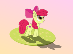 Size: 1124x832 | Tagged: safe, artist:_rynn, apple bloom, earth pony, pony, g4, apple bloom's bow, bow, chest fluff, cutie mark, ear fluff, female, filly, hair bow, open mouth, open smile, orange eyes, red mane, red tail, shadow, smiling, solo, standing, tail