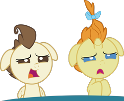 Size: 4484x3654 | Tagged: safe, artist:frownfactory, edit, edited screencap, screencap, pound cake, pumpkin cake, pegasus, pony, unicorn, baby cakes, g4, absurd resolution, baby, baby pony, blue eyes, bow, brown eyes, brown mane, cake twins, colt, do not want, duo, female, filly, floppy ears, foal, hair bow, horn, male, open mouth, orange mane, siblings, simple background, transparent background, twins, vector