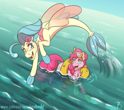 Size: 1600x1412 | Tagged: safe, artist:inuhoshi-to-darkpen, pinkie pie, princess skystar, earth pony, pony, sea pony, seapony (g4), g4, my little pony: the movie, blue mane, chest fluff, cute, diapinkes, dive mask, ear fluff, female, fins, fish tail, flippers, flippers (gear), floaty, flower, flower in hair, flowing tail, freckles, goggles, happy, inner tube, jewelry, looking at each other, looking at someone, necklace, ocean, open mouth, open smile, pearl necklace, pink mane, pool toy, skyabetes, smiling, snorkel, sunlight, surprised, swimming, tail, teeth, water, water wings