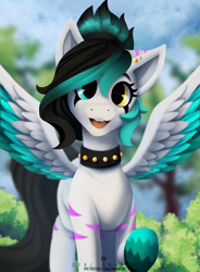 Size: 1596x2167 | Tagged: safe, artist:syncbanned, oc, oc only, pegasus, anthro, collar, commission, ear piercing, piercing, solo, spiked collar, tree, ych result