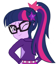 Size: 940x1060 | Tagged: safe, artist:bigpurplemuppet99, edit, editor:lonely fanboy48, sci-twi, twilight sparkle, equestria girls, g4, looking at you, looking back, looking back at you, one eye closed, simple background, solo, transparent background, wink