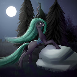 Size: 2000x2000 | Tagged: safe, alternate version, artist:twobestfriendsstudio, queen chrysalis, changeling, changeling queen, pony, g4, female, forest, high res, moon, night, rock, solo, tree