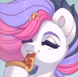 Size: 906x890 | Tagged: safe, artist:kasreit-ne, oc, oc only, oc:airy sweetness, pegasus, pony, artfight, artfight 2021, barrette, eating, eyebrows, eyes closed, food, meat, pepperoni, pepperoni pizza, pizza, ponies eating meat, solo, teeth, tomato pizza