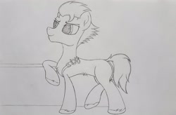 Size: 2898x1896 | Tagged: safe, artist:straighttothepointstudio, hitch trailblazer, earth pony, pony, g5, my little pony: a new generation, badge, black and white, grayscale, leaning, male, monochrome, sheriff, smiling, solo, stallion, traditional art