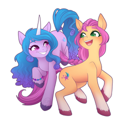 Size: 6000x6000 | Tagged: safe, artist:erkythehero23, izzy moonbow, sunny starscout, earth pony, pony, unicorn, g5, my little pony: a new generation, spoiler:g5, spoiler:my little pony: a new generation, backwards cutie mark, colored hooves, colored pupils, cute, duo, female, happy, heart eyes, looking at each other, mare, open mouth, raised hoof, simple background, smiling, starry eyes, transparent background, unshorn fetlocks, wingding eyes