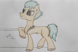 Size: 2853x1906 | Tagged: safe, artist:straighttothepointstudio, edit, hitch trailblazer, earth pony, pony, g5, my little pony: a new generation, badge, colored, leaning, male, sheriff, smiling, solo, stallion, traditional art