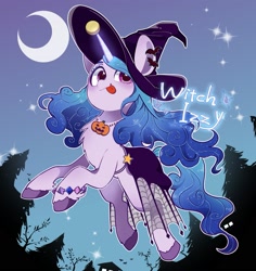Size: 1835x1945 | Tagged: safe, artist:potetecyu_to, izzy moonbow, pony, unicorn, g5, my little pony: a new generation, spoiler:my little pony: a new generation, crescent moon, digital art, female, halloween, hat, holiday, mare, moon, nightmare night, tongue out, witch, witch hat