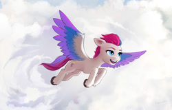 Size: 2000x1280 | Tagged: safe, artist:vyazinrei, zipp storm, pegasus, pony, g5, my little pony: a new generation, cloud, flying, sky, smiling, solo