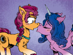 Size: 2391x1812 | Tagged: safe, artist:andreu-t, izzy moonbow, sunny starscout, earth pony, pony, unicorn, g5, my little pony: a new generation, spoiler:my little pony: a new generation, blushing, duo, eyes closed, female, izzyscout, kissing, lesbian, shipping