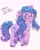 Size: 1620x2025 | Tagged: safe, artist:moh_mlp2, izzy moonbow, pony, unicorn, g5, my little pony: a new generation, bracelet, cute, female, fit right in (g5), glasses, hiragana, izzybetes, japanese, jewelry, katakana, looking at you, looking sideways, mare, meganekko, open mouth, open smile, raised hoof, round glasses, simple background, smiling, solo, unshorn fetlocks