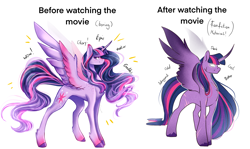 Size: 3961x2362 | Tagged: safe, artist:damayantiarts, twilight sparkle, alicorn, pony, g5, the last problem, before and after, curved horn, duo, female, glowing, glowing eyes, high res, horn, older, older twilight, older twilight sparkle (alicorn), princess twilight 2.0, scar, simple background, twilight sparkle (alicorn), white background