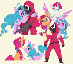 Size: 2920x2580 | Tagged: safe, artist:minbitt, izzy moonbow, sunny starscout, zipp storm, earth pony, human, pegasus, pony, unicorn, g5, my little pony: a new generation, spoiler:my little pony: a new generation, acr, bracelet, clothes, coat markings, crossover, dalgona, eye contact, gun, high res, hood, hug, jewelry, jumpsuit, looking at each other, looking at you, mask, netflix, open mouth, open smile, pink guard (squid game), rifle, showing, simple background, smiling, socks (coat markings), spread wings, squid game, staring contest, umbrella, weapon, white background, wings