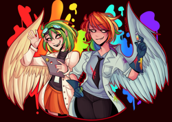 Size: 1597x1140 | Tagged: safe, artist:notlagooni, rainbow dash, oc, oc:wooden toaster, human, fanfic:rainbow factory, g4, clothes, duo, fanfic art, female, humanized, rainbow factory dash, syringe, winged humanization, wings
