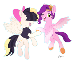 Size: 1200x1000 | Tagged: safe, artist:sion, pipp petals, songbird serenade, pegasus, pony, g4, g5, my little pony: a new generation, my little pony: the movie, adorapipp, bow, clothes, crossover, cute, duo, duo female, female, hair bow, looking at you, mare, one eye closed, open mouth, open smile, shirt, simple background, smiling, spread wings, underhoof, unshorn fetlocks, white background, wings, wink