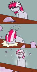 Size: 1818x3518 | Tagged: safe, artist:bravery, sugar moonlight, earth pony, pony, g5, my little pony: a new generation, 3 panel comic, clip studio paint, comic, female, glitter, high res, mare, messy mane, signature, simple background, smiling, solo