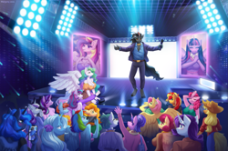 Size: 1811x1200 | Tagged: safe, artist:margony, applejack, cloudy quartz, cookie crumbles, fluttershy, king sombra, pear butter, pinkie pie, posey shy, princess cadance, princess celestia, princess flurry heart, princess luna, rainbow dash, rarity, starlight glimmer, sunset shimmer, trixie, twilight sparkle, twilight velvet, windy whistles, alicorn, earth pony, pegasus, unicorn, anthro, g4, audience, blushing, cellphone, clothes, crowd, female, heart hands, male, mane six, older, older flurry heart, pants, phone, smartphone, stage, suit, twilight sparkle (alicorn)
