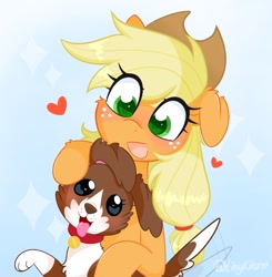 Size: 2005x2048 | Tagged: safe, artist:tinykiru, applejack, winona, dog, earth pony, pony, g4, applejack's hat, blushing, cheek fluff, colored pupils, cowboy hat, cute, duo, ear fluff, eye clipping through hair, female, floppy ears, freckles, green eyes, hat, heart, high res, jackabetes, mare, motion lines, open mouth, open smile, ponytober, smiling, tail, tail wag, winonabetes