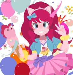 Size: 1221x1251 | Tagged: safe, artist:efuji_d, pinkie pie, equestria girls, g4, balloon, bracelet, clothes, confetti, emanata, fake ears, food, ice cream, ice cream cone, jacket, jewelry, looking at you, peace sign, pony ears, skirt, smiling, smiling at you, solo