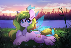 Size: 3813x2586 | Tagged: safe, artist:sugarstar, oc, oc only, oc:tea fairy, pegasus, pony, artificial wings, augmented, female, flower, high res, lying down, mare, scenery, smiling, solo, wings