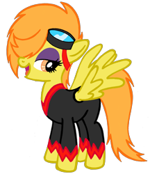 Size: 1690x1956 | Tagged: safe, artist:telasra, oc, oc only, oc:sunburst, pegasus, pony, bedroom eyes, clothes, eyeshadow, female, goggles, makeup, mare, open mouth, open smile, orange eyes, orange mane, orange tail, pegasus oc, simple background, smiling, solo, spread wings, standing, tail, transparent background, wings
