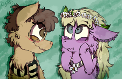 Size: 1136x739 | Tagged: safe, artist:milledpurple, earth pony, pony, abstract background, bust, cheek fluff, clothes, cute, dipper pines, duo, ear fluff, female, floral head wreath, flower, gravity falls, male, mare, pacifica northwest, ponified, scarf, signature, smiling, stallion