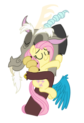 Size: 824x1200 | Tagged: safe, artist:mickeymonster, artist:taylorrose16, discord, fluttershy, draconequus, pegasus, pony, g4, 2013, duo, eyes closed, female, hug, male, old art, simple background, white background