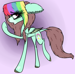 Size: 2044x2025 | Tagged: safe, artist:beamybutt, oc, oc only, pegasus, pony, abstract background, eyelashes, female, high res, mare, multicolored hair, rainbow hair, raised hoof, solo, wings