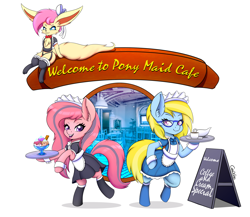Size: 2200x1907 | Tagged: safe, artist:canister, oc, oc only, oc:cloud cuddler, oc:sweet haze, oc:topaz, earth pony, pegasus, pony, bipedal, board, cafe, clothes, coffee mug, earth pony oc, female, food, ice cream, maid, male, mug, open mouth, open smile, pegasus oc, simple background, smiling, tray, white background