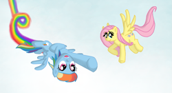 Size: 1211x652 | Tagged: safe, artist:taylorrose16, fluttershy, rainbow dash, pegasus, pony, g4, 2011, duo, female, flying, mare