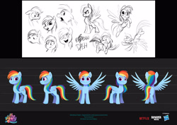 Size: 3840x2715 | Tagged: safe, artist:imalou, rainbow dash, pegasus, pony, g5, my little pony: a new generation, spoiler:g5, spoiler:my little pony: a new generation, concept art, female, floppy ears, flying, folded wings, front view, full body, gritted teeth, hasbro logo, high res, hooves, mare, multicolored hair, multicolored mane, my little pony: a new generation logo, netflix logo, open mouth, open smile, rainbow hair, rainbow tail, rear view, side view, smiling, spread wings, standing, tail, three quarter view, turnaround, wings