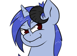 Size: 1100x797 | Tagged: safe, artist:tranzmuteproductions, oc, oc only, oc:aeon of dreams, incubus, pony, unicorn, bust, fangs, horns, male, simple background, smiling, smirk, solo, stallion, transparent background
