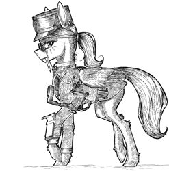 Size: 1069x1082 | Tagged: safe, artist:madhotaru, oc, oc only, pegasus, pony, clothes, crosshatch, ergonomics, glasses, holster, long sleeved shirt, long sleeves, looking at you, monochrome, no pants, notepad, pencil, ponytail, prench officer hat, shirt, solo, walking
