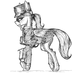 Size: 1069x1082 | Tagged: safe, artist:madhotaru, oc, oc only, pegasus, pony, clothes, crosshatch, ergonomics, glasses, hat, holster, long sleeved shirt, long sleeves, looking at you, monochrome, no pants, notepad, pencil, ponytail, shirt, solo, walking