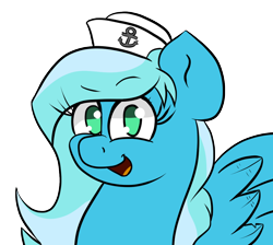 Size: 1100x984 | Tagged: safe, artist:tranzmuteproductions, oc, oc only, oc:sea sailor, pegasus, pony, bust, female, hat, mare, pegasus oc, simple background, smiling, solo, transparent background, wings