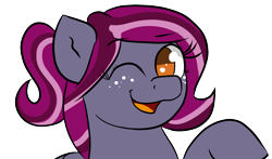 Size: 1364x800 | Tagged: safe, artist:tranzmuteproductions, oc, oc only, oc:spotlight splash, earth pony, pony, bust, earth pony oc, female, freckles, glasses, mare, one eye closed, simple background, smiling, solo, transparent background, wink