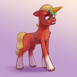 Size: 1717x1717 | Tagged: safe, artist:rosik, sprout cloverleaf, earth pony, pony, g5, my little pony: a new generation, spoiler:my little pony: a new generation, coat markings, food, ice cream, ice cream cone, ice cream horn, male, socks (coat markings), solo, stallion