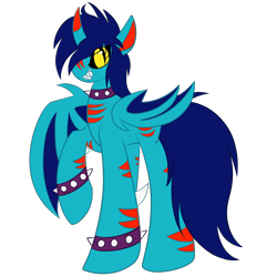 Size: 1500x1500 | Tagged: safe, artist:tragedy-kaz, oc, oc only, alicorn, bat pony, bat pony alicorn, pony, bat pony oc, bat wings, choker, grin, horn, simple background, slit pupils, smiling, solo, spiked choker, spiked wristband, transparent background, wings, wristband