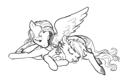 Size: 1084x705 | Tagged: safe, artist:spectralunicorn, fluttershy, rainbow dash, pegasus, pony, rabbit, g4, animal, black and white, cuddling, drool, eyes closed, female, grayscale, lesbian, lidded eyes, lineart, looking at someone, lying down, mare, monochrome, open mouth, ship:flutterdash, shipping, simple background, sleeping, sleepydash, smiling, spread wings, white background, wings