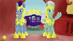 Size: 1920x1080 | Tagged: safe, artist:rockhoppr3, thunder flap, zoom zephyrwing, pegasus, pony, g4, g5, armor, ball, carriage, g5 to g4, golden oaks library, izzy's tennis ball, male, pegasus royal guard, royal guard, stallion, tennis ball