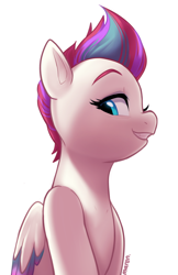Size: 2230x3435 | Tagged: safe, artist:maren, zipp storm, pegasus, pony, g5, bust, female, folded wings, gritted teeth, high res, looking at you, looking down, looking sideways, mare, portrait, simple background, smiling, solo, white background, wings