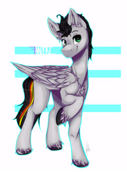 Size: 4057x5500 | Tagged: safe, artist:fantisai, oc, oc only, pegasus, pony, abstract background, male, pegasus oc, raised hoof, smiling, solo, stallion, unshorn fetlocks, wings